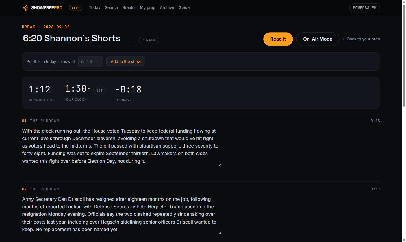 The break page: title, running time of 1:12 against a 1:30 clock with 18 seconds to spare, and the copy for each element in order.