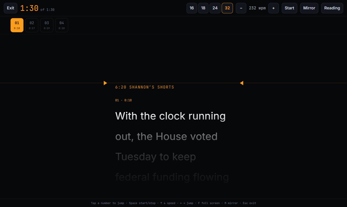 On-Air Mode: a countdown from 1:30, the current line bright with the lines below it fading, and the reading position marked by two arrows.